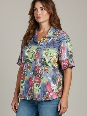 Vintage Cape Cod Sportswear Hawaiian Floral Blouse 20W Tropical Cottagecore USA